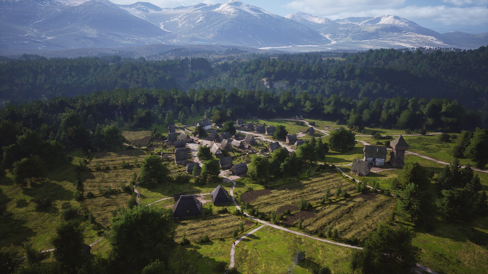 A screenshot of a sprawling Manor Lords town looked in a green meadow. - 1