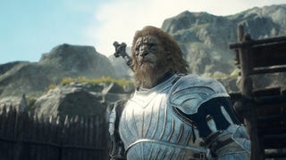 Humanoid lion / cat person stands in armour in a screenshot from Dragon's Dogma 2