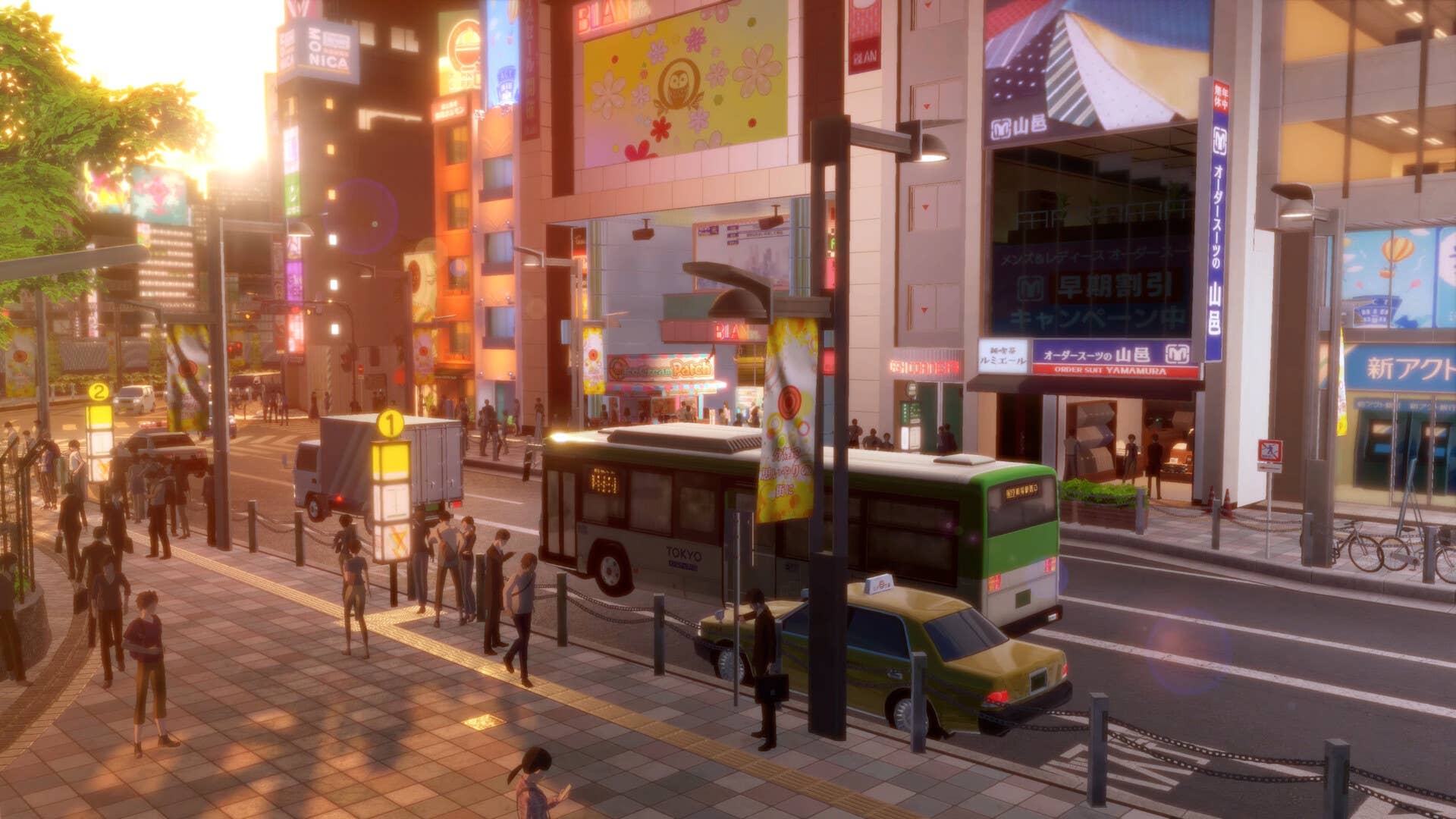 Tokyo, as it appears in Digimon World Time Stranger, as a bustling sidewalk with nice afternoon light.
