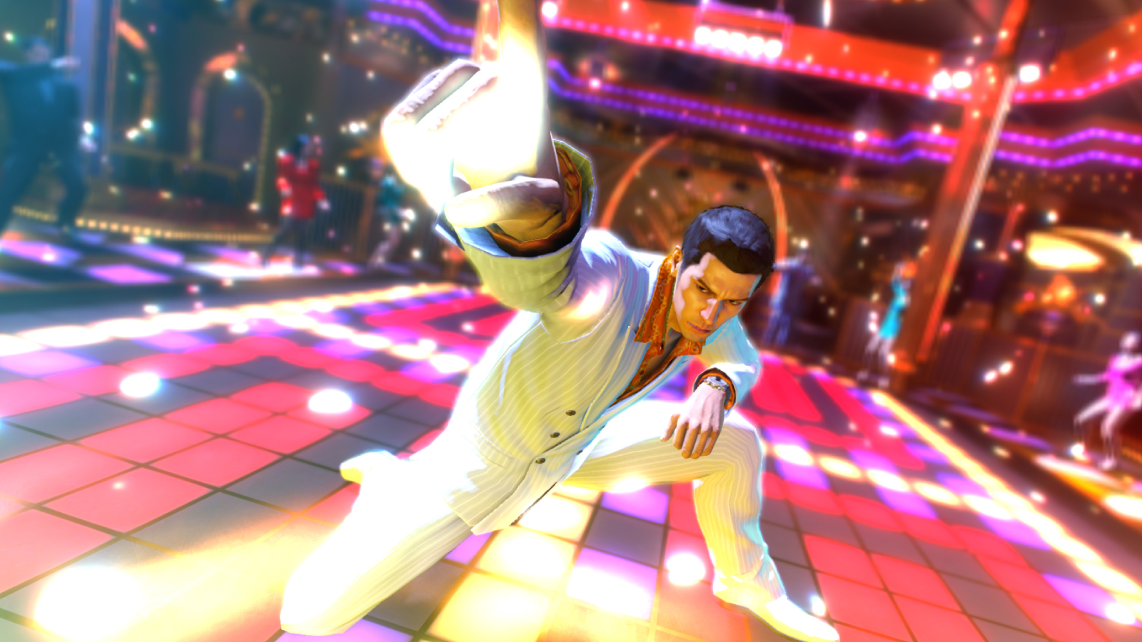 Screenshot of Yakuza character in white suit posing on a light-up dancefloor