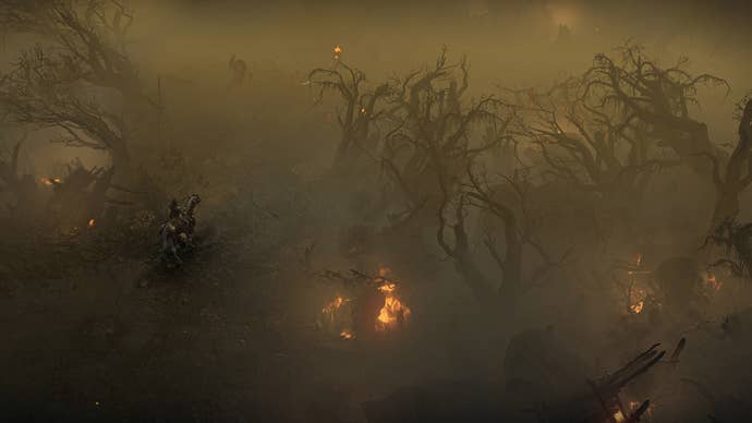 Screenshot from Diablo 4 showing a person on horseback making their way through a hostile environment.