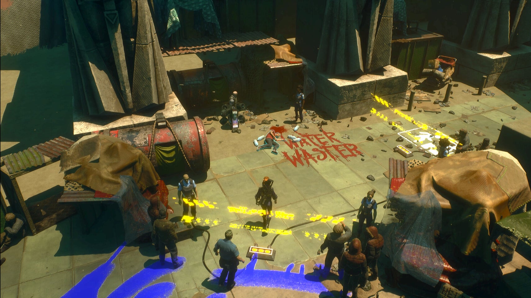 A group of figures, some in futuristic armor, stand in a desolate, urban environment with debris and graffiti, including the words "WATER WASTER" spray-painted in red.