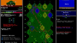 A screenshot of the ASCII interface for Armoured Commander 2, showing a battlefield from above and a lot of texty UI.