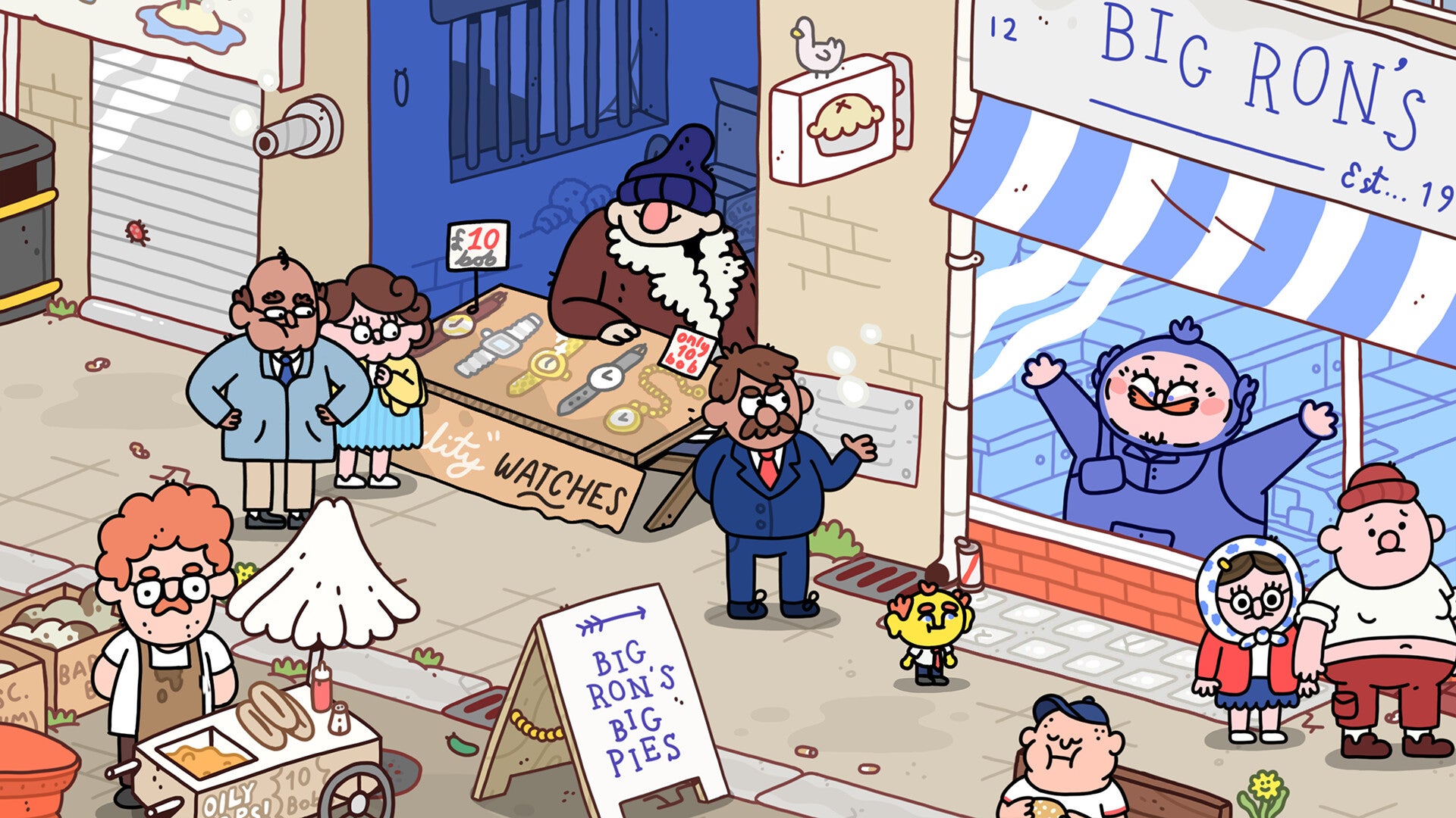 A busy street market in Thank Goodness You're Here! - 1