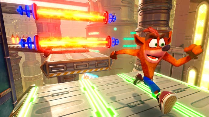 Screenshot of Crash Bandicoot N. Sane Trilogy showing orange marsupial Crash running away from flaming obstacle