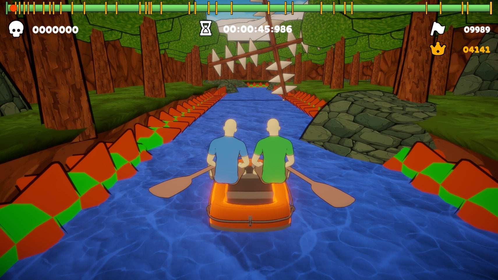 Two bald figures in a cartoon-style orange raft paddle down a blue river through a lush forest with stylized trees and r