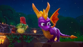 Spyro the purple dragon balancing on a wall with a green orc in the background from Spyro Reignited Trilogy