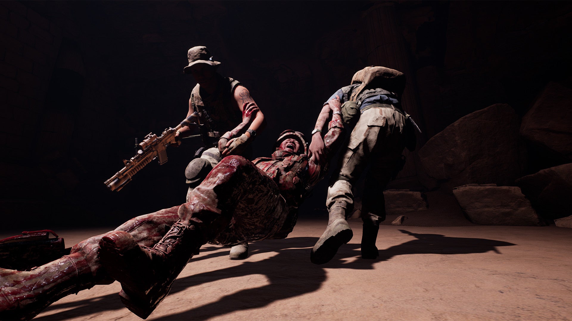 House of Ashes scene showing an injured soldier being pulled along by his comrades.