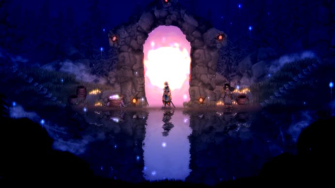 A screenshot of Salt and Sacrifice showing a dark cavern opening out onto a shimmering pink sky. A warrior stands in its arched entrance, their silhouette reflected in the cavern's watery floor.