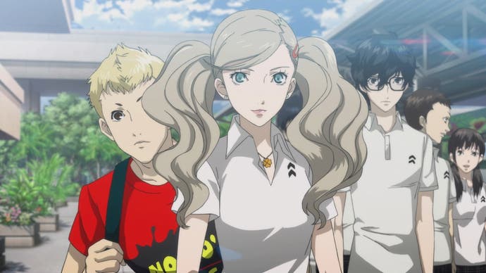 Three animated schoolkid characters from Persona 5: Ann with blonde pigtails, Ryuji in red t-shirt, and bespectacled male protagonist with dark hair