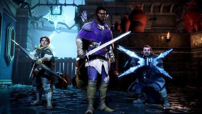 Dragon Age: The Veilguard screenshot showing a custom Rook flanked by Varric and Harding.