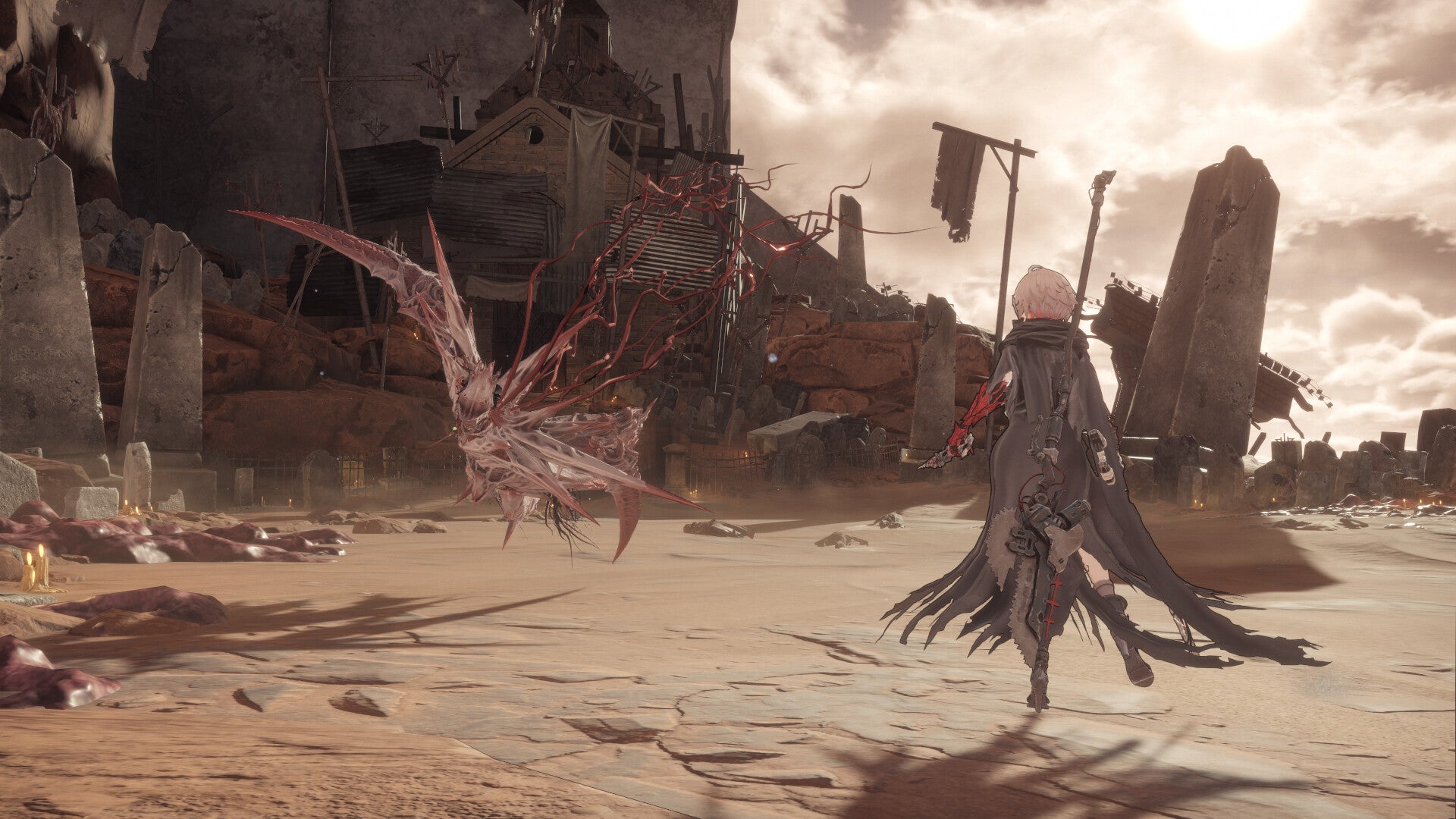 AI Limit screenshot showing white-haired anime character in black cloak facing a monstrous enemy in a desert apocalypse
