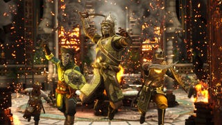 Chivalry 2 screenshot showing three medieval armoured knights in gold and green with scimitars