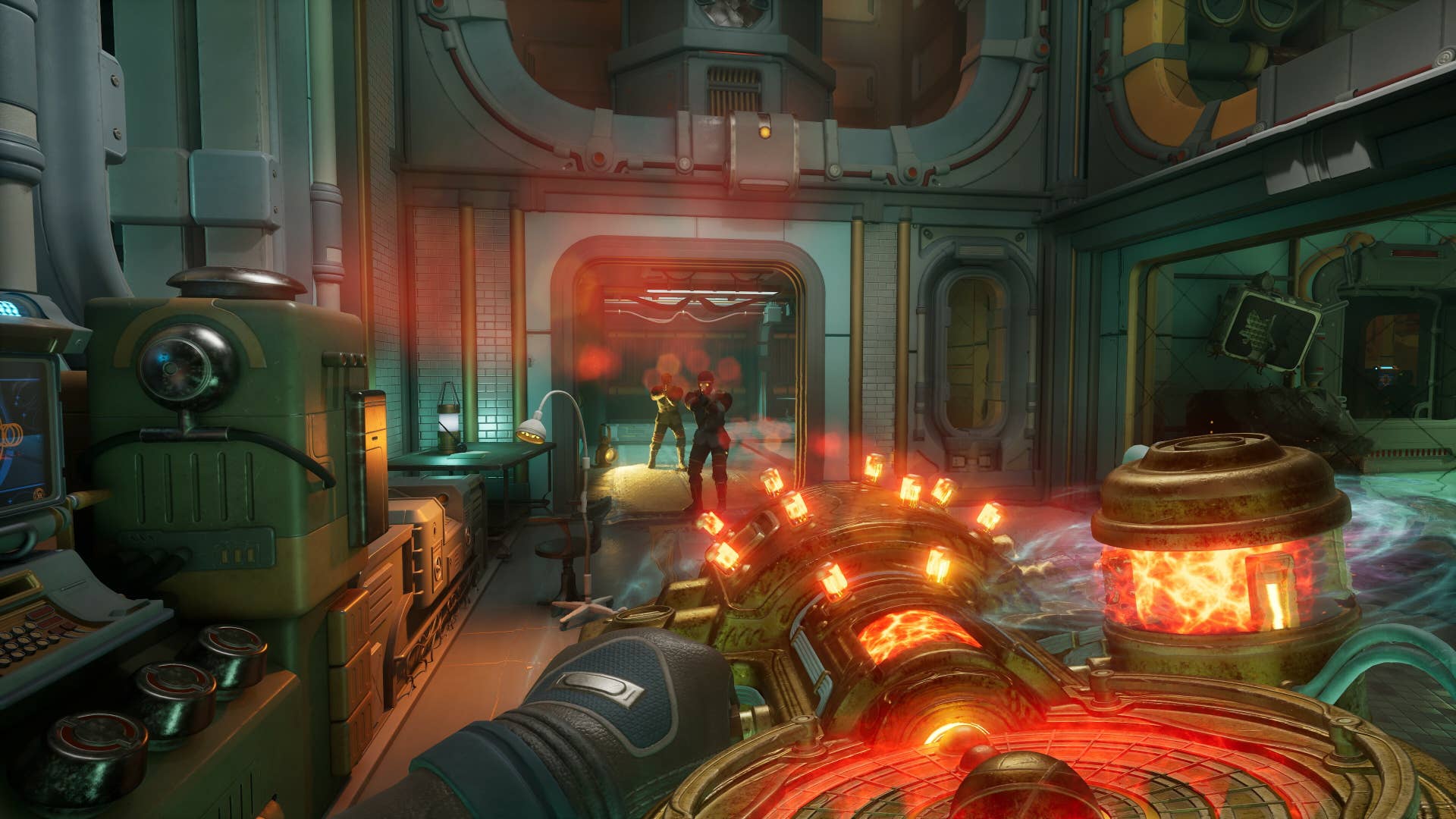 A circular-drummed sci-fi gun radiates orange light as it whirrs into action to presumably melt the two opponents pointing guns at the player.