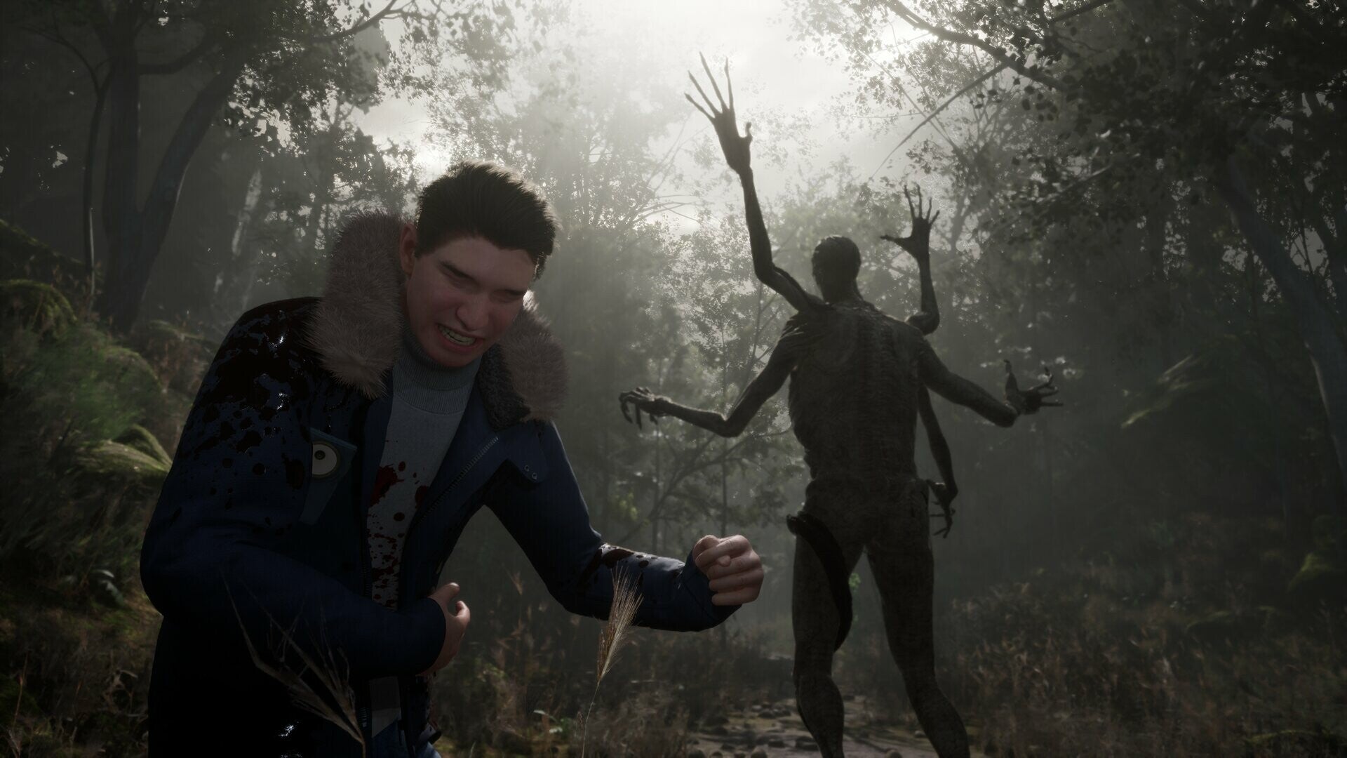 Screenshot from Stray Souls showing a flinching male character in a wooded area with a multi-limbed entity advancing towards him
