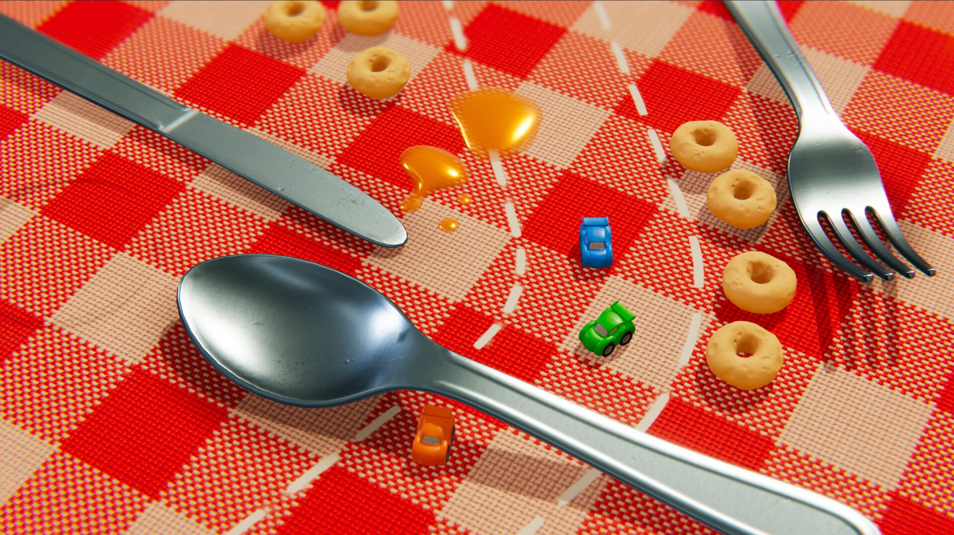 Tiny cars race around a breakfast table in Tiny Tyres - 1