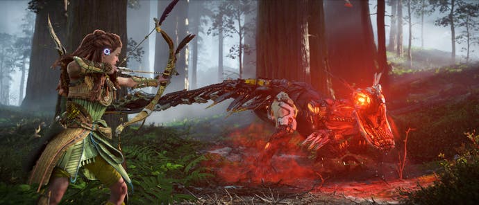 horizon forbidden west complete edition pc 21:9 aspect ratio screenshot showing aloy fighting a smaller robot