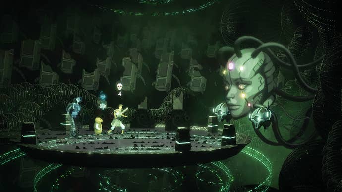 The party meets a large cybernetic head in Beyond Galaxyland