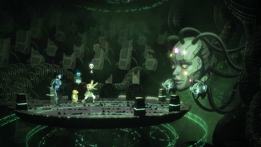 The party meets a large cybernetic head in Beyond Galaxyland