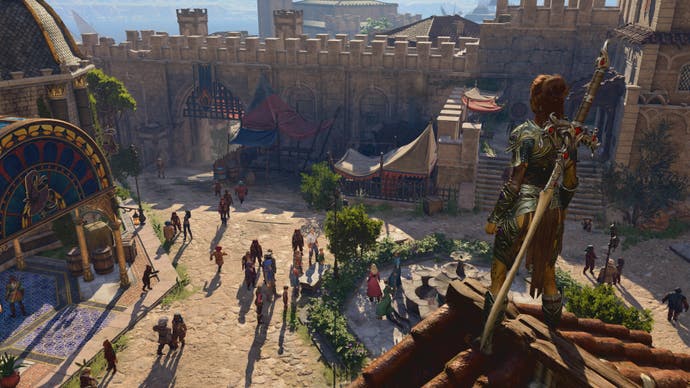 Baldur's Gate 3 character looks over the city