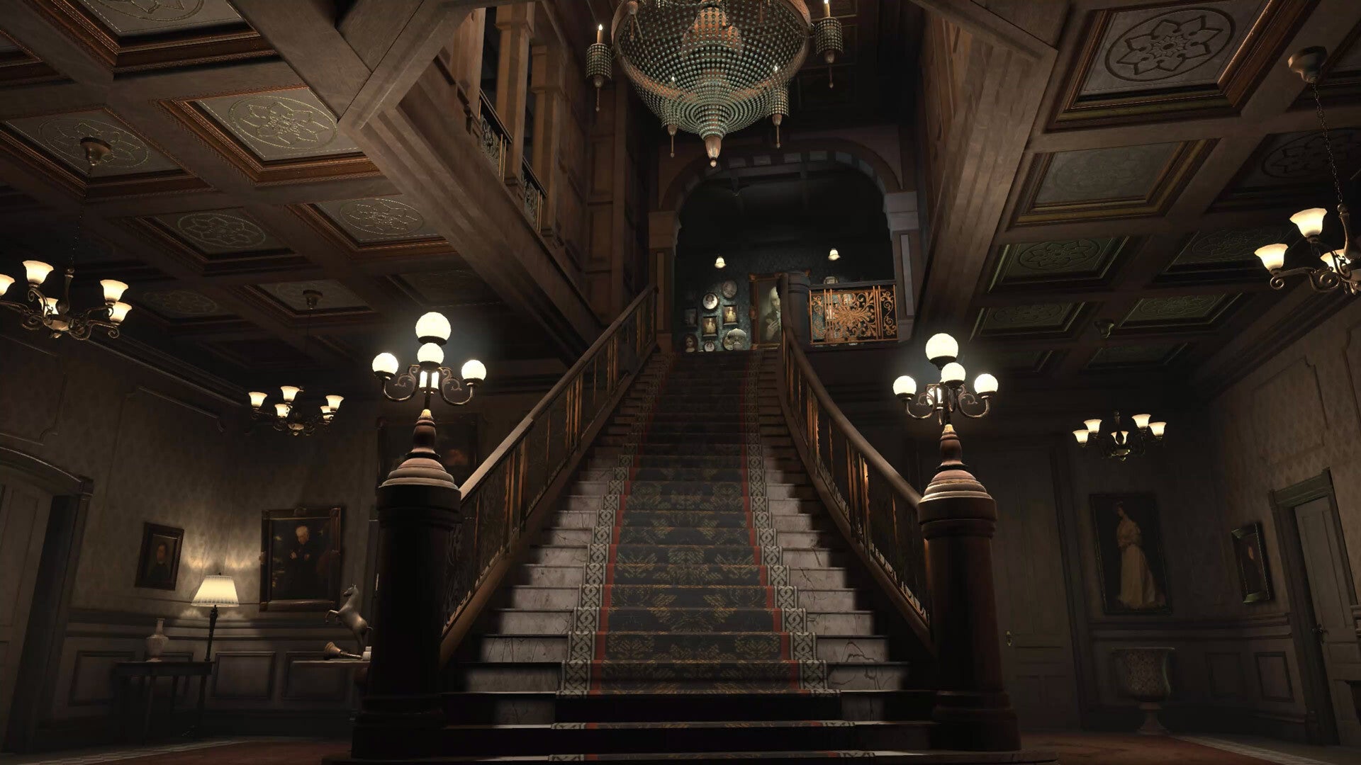 A screenshot of The 7th Guest VR showing Stauf Mansion&rsquo;s lavish entrance hall, its grand staircase stretching up into the gloom.