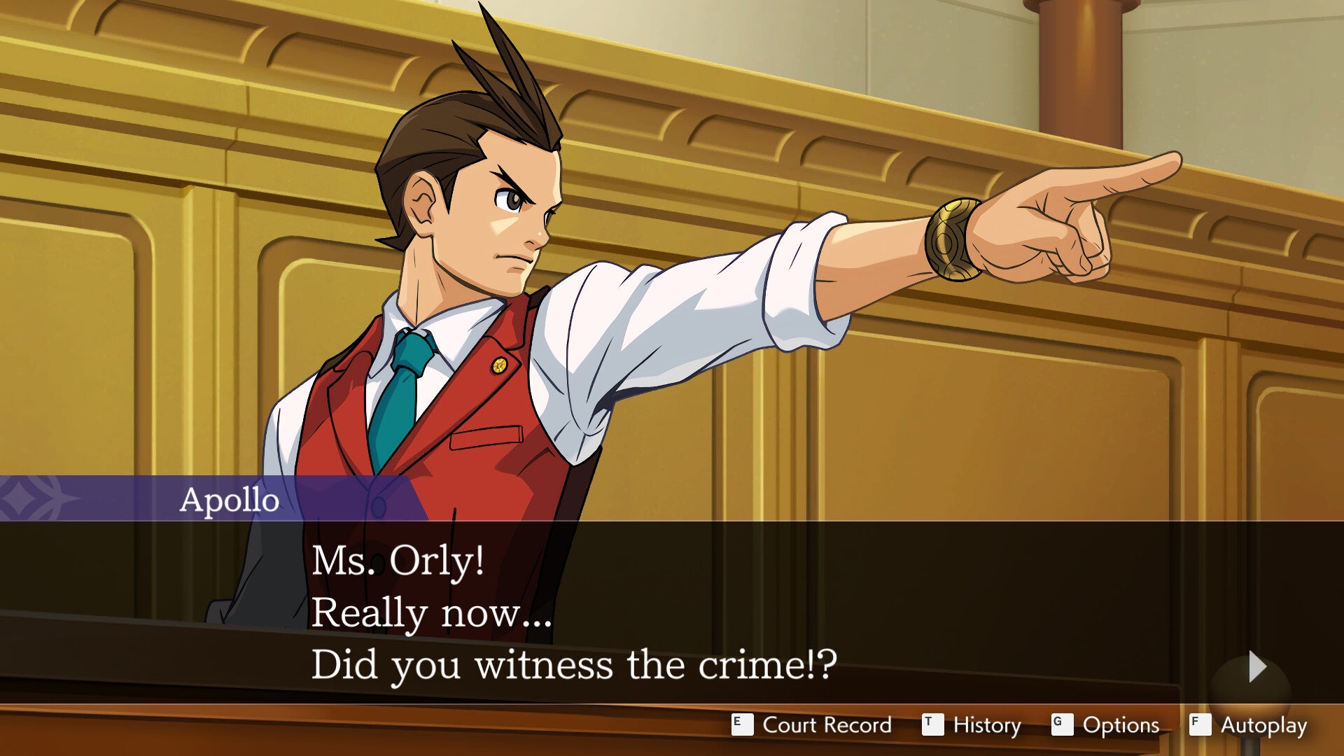Apollo Justice's 2D remastered sprite in a courtroom scene from Apollo Justice: Ace Attorney. - 3