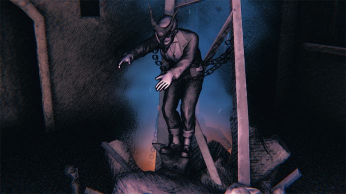 A moody, sketch-like screenshot from Saturnalia showing a man wearing a devil mask restrained between two wooden pillars by a chain around his waist.