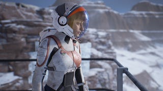 Deliver Us Mars screenshot showing woman in space suit looking out to the right over icy landscape