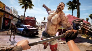 Dead Island 2 player wielding a hammer as a ripped zombie launches a punch at them