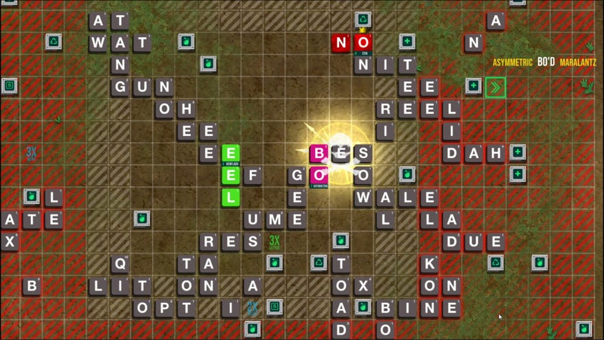 A Scrabble-like battle royale board in Babble Royale. There are letters everywhere, one player has just killed someone else with the word “Bo”.