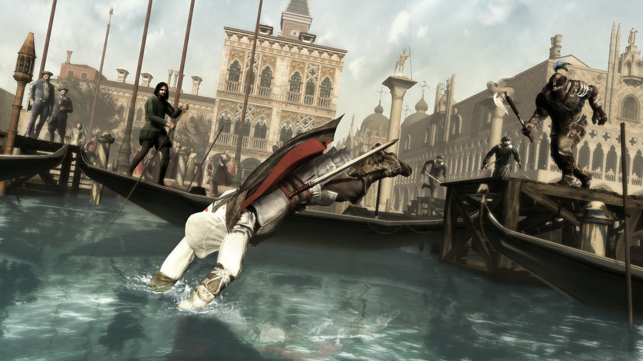 An Assassin&rsquo;s Creed 2 screenshot showing protagonist Ezio Auditore diving into a Venice canal surrounded by gondolas.