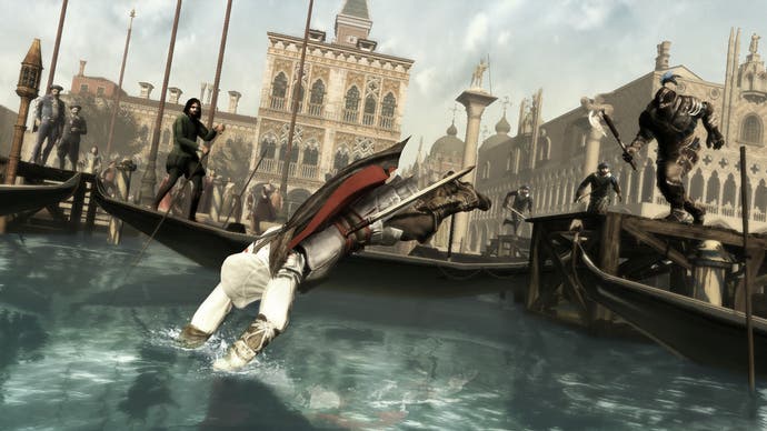 An Assassin's Creed 2 screenshot showing protagonist Ezio Auditore diving into a Venice canal surrounded by gondolas.