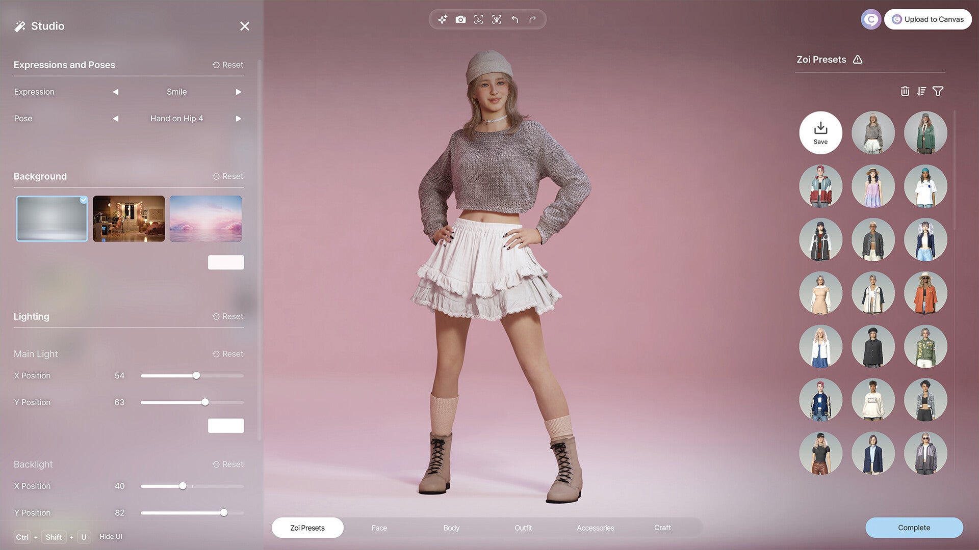 A Zoi in a ruffled white mini-skirt, boots, sweater, and hat combo strikes a power pose against a pink background in inZOI's Create-A-Zoi studio mode. - 1