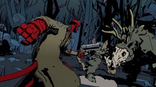Hellboy uses his weapon to defend himself from an advancing beast