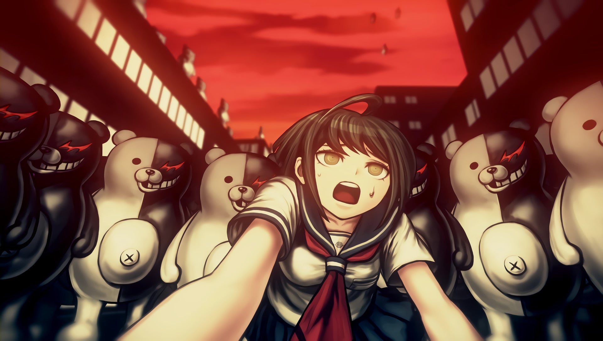 Komaru is surrounded by Monokumas in a city street with a red sky overhead.