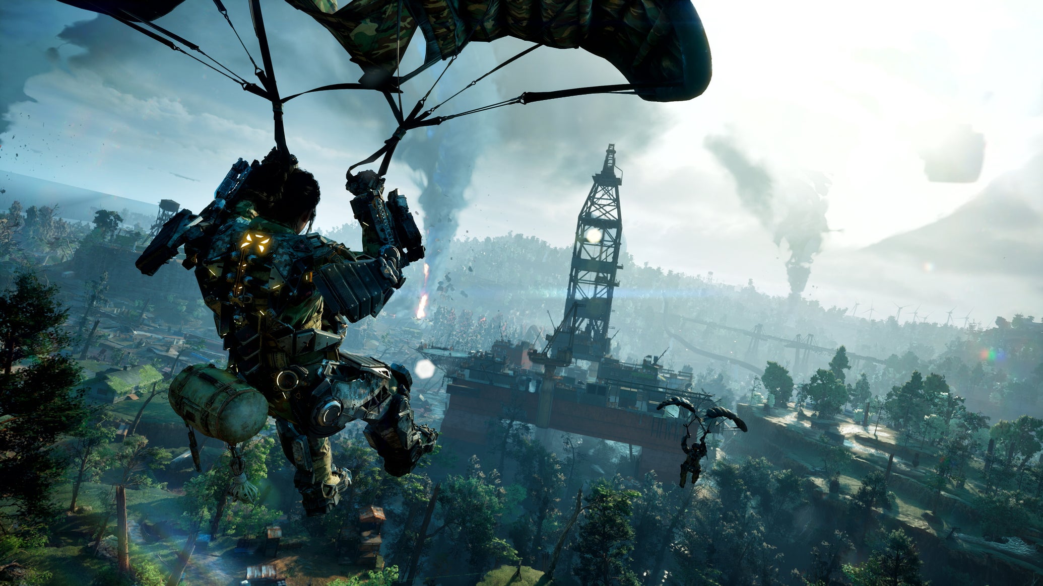 A dude in a mech suit parachuting toward a tower over stormy forestlands in Exoborne - 1
