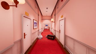 A long red corridor with an unusually large chess piece and alarm clock in the middle.
