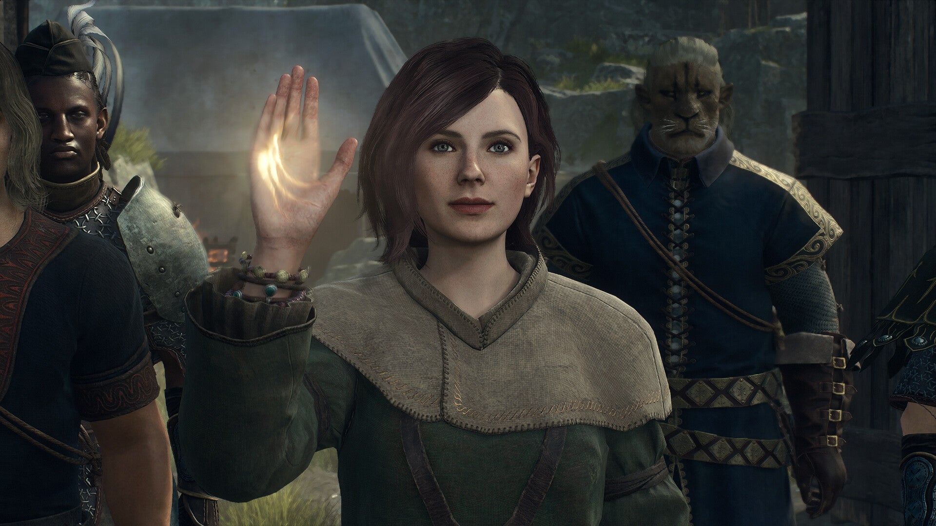 A woman with a glowing palm raised greets the player in Dragon's Dogma 2. A variety of human and beastren soldiers stand behind her. - 1