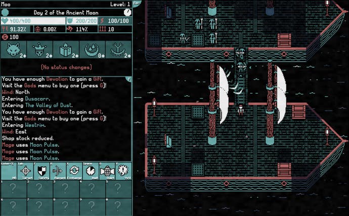 A screenshot from Moonring showing a docked ship to the right, rendered in a retro-inspired limited-colour pixel art style, and a text heavy UI to the left.