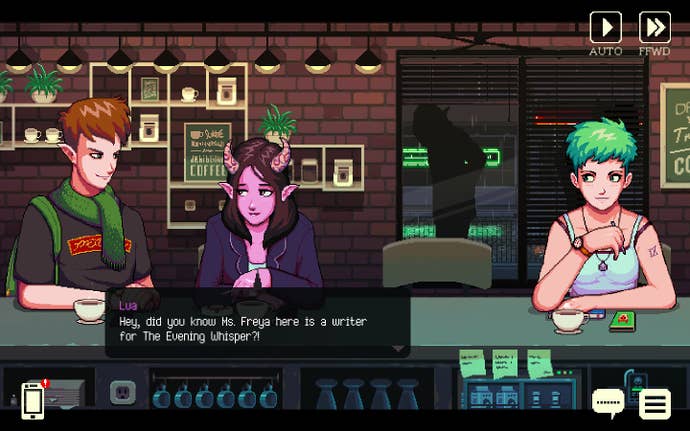 Lua and Baileys can be seen talking to one another while Freya and the protagonist listen in