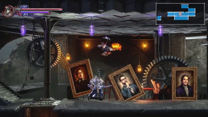 A female warrior runs upside down inside a room full of painted portraits in Bloodstained: Ritual Of The Night