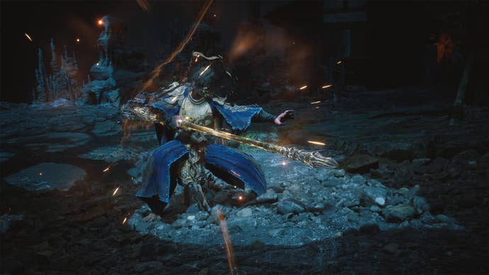 The protagonist using the Thrust Stance in Black Myth Wukong.