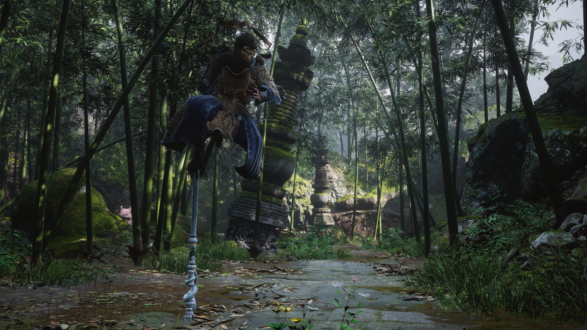 The Black Myth Wukong protagonist sitting on his staff. - 1