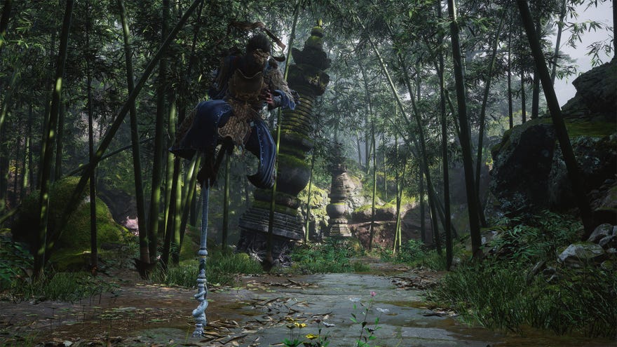 The Black Myth Wukong protagonist sitting on his staff.