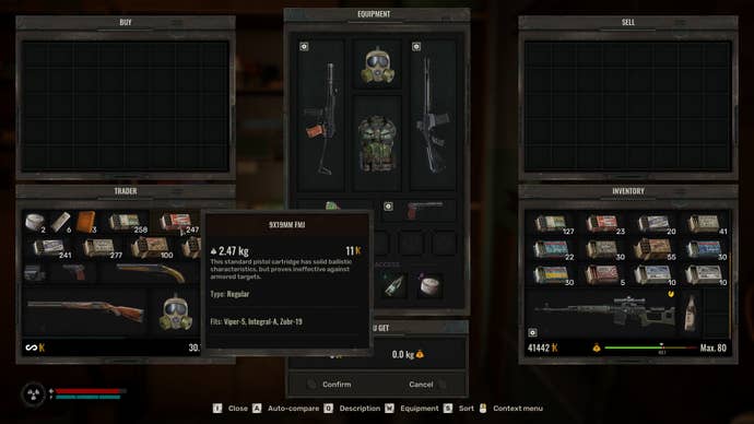 The player in Stalker 2 engages in trade with an NPC character for ammunition.