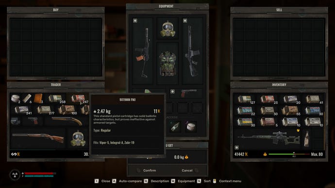 The player in Stalker 2 engages in trade with an NPC character for ammunition.