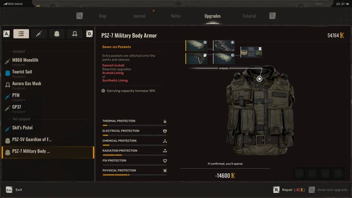 The tech upgrade screen in Stalker 2, showing a carry weight increase upgrade for a piece of armor.