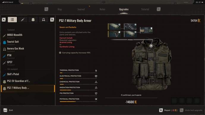 Technical upgrades screen in Stalker 2, showing an upgrade that increases the load capacity of an armor piece.
