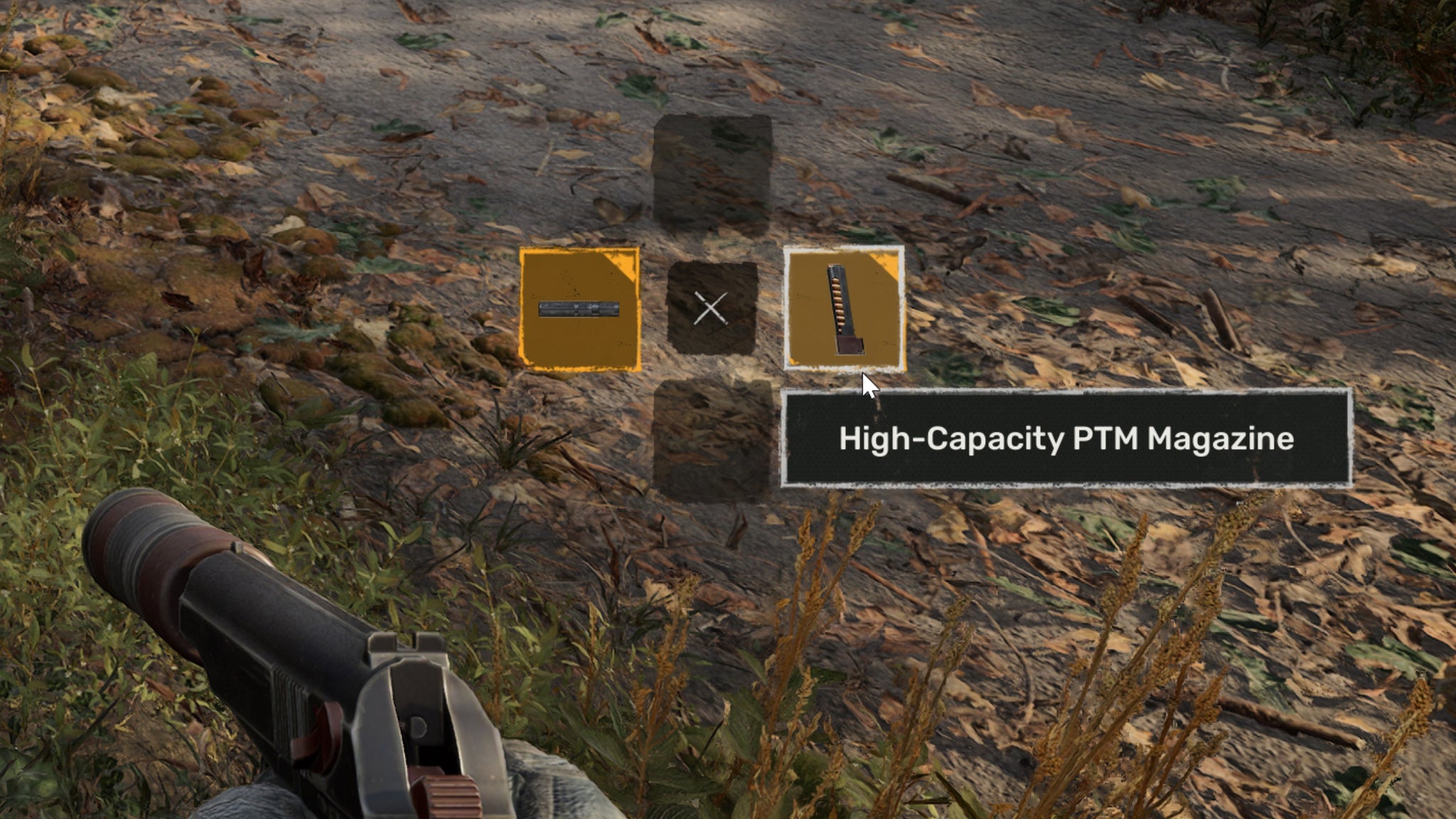 A close-up of the attachment selector UI element in Stalker 2, showing a cross-formation of buttons which you can use to select attachments on a gun. - 6