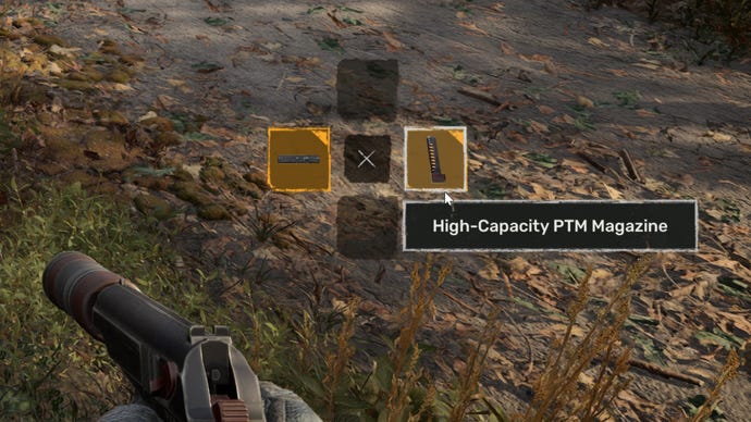 A close-up of the attachment selector UI element in Stalker 2, showing a cross-formation of buttons which you can use to select attachments on a gun.
